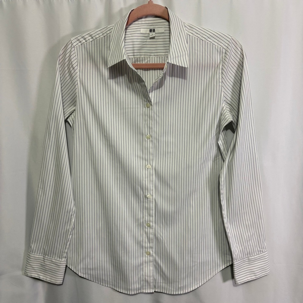 Uniqlo Womens Stretch Slim Striped Button Down Shirt White Navy S Classic Career